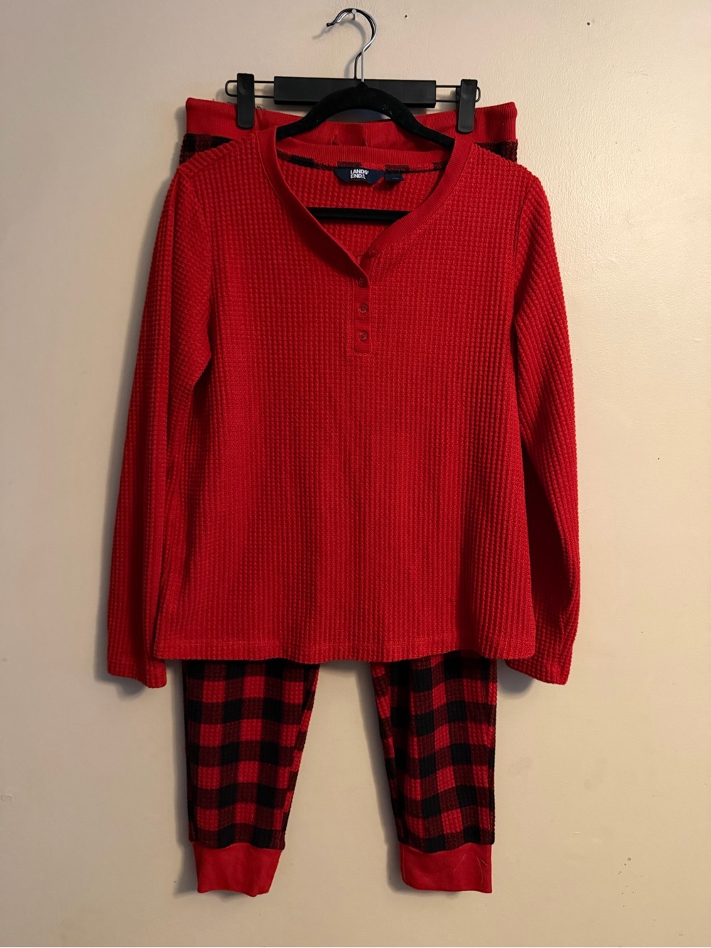 Lands' End Red Waffle Henley with Red & Black Buffalo Plaid Pants